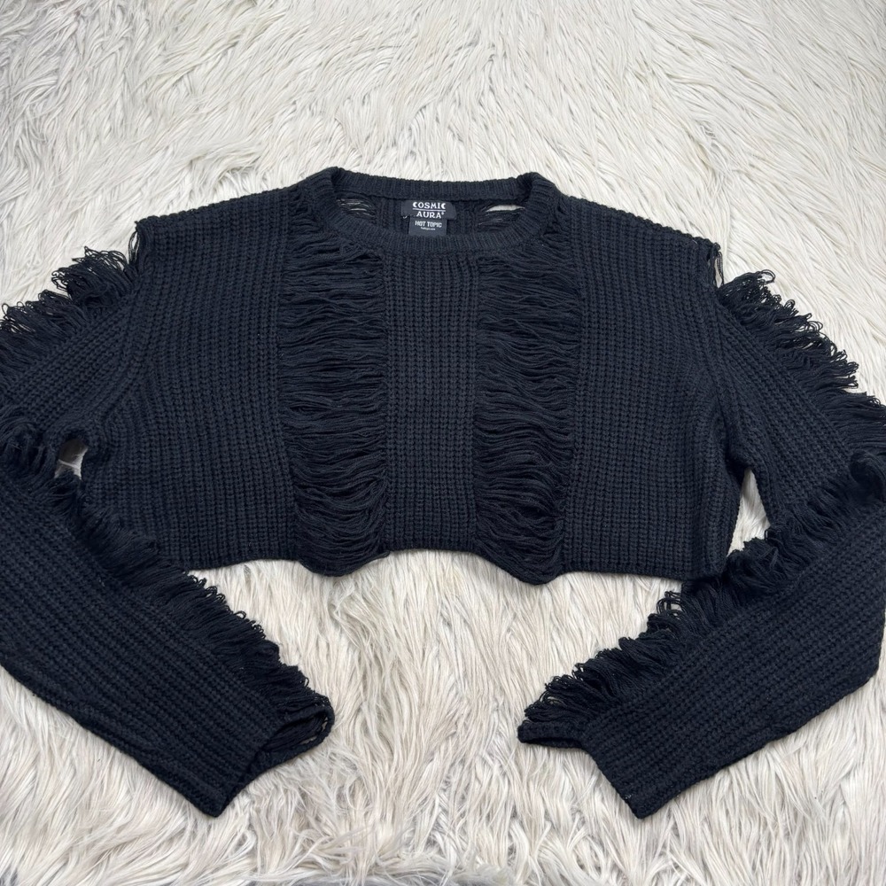 Cosmic Aura Women's S Black Distressed Cropped Sweater Grunge Goth Witch